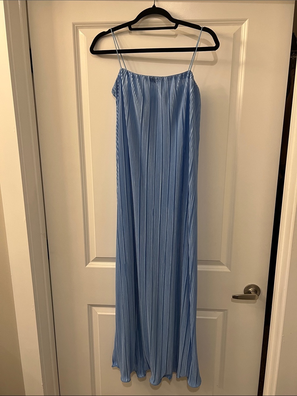 Light Blue Pleated Maxi Dress with Spaghetti Straps